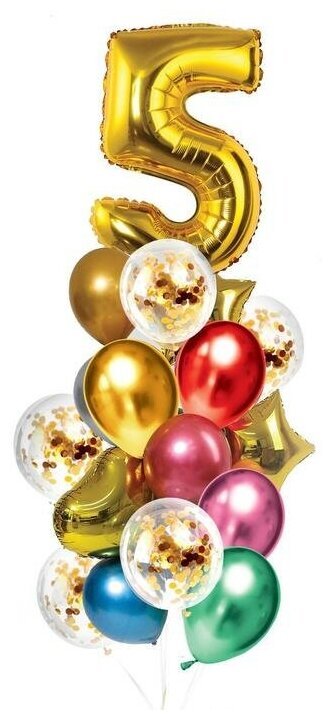 Букет из шаров «День рождения – 5 лет», фольга, латекс, набор 21 шт, цвет золотой