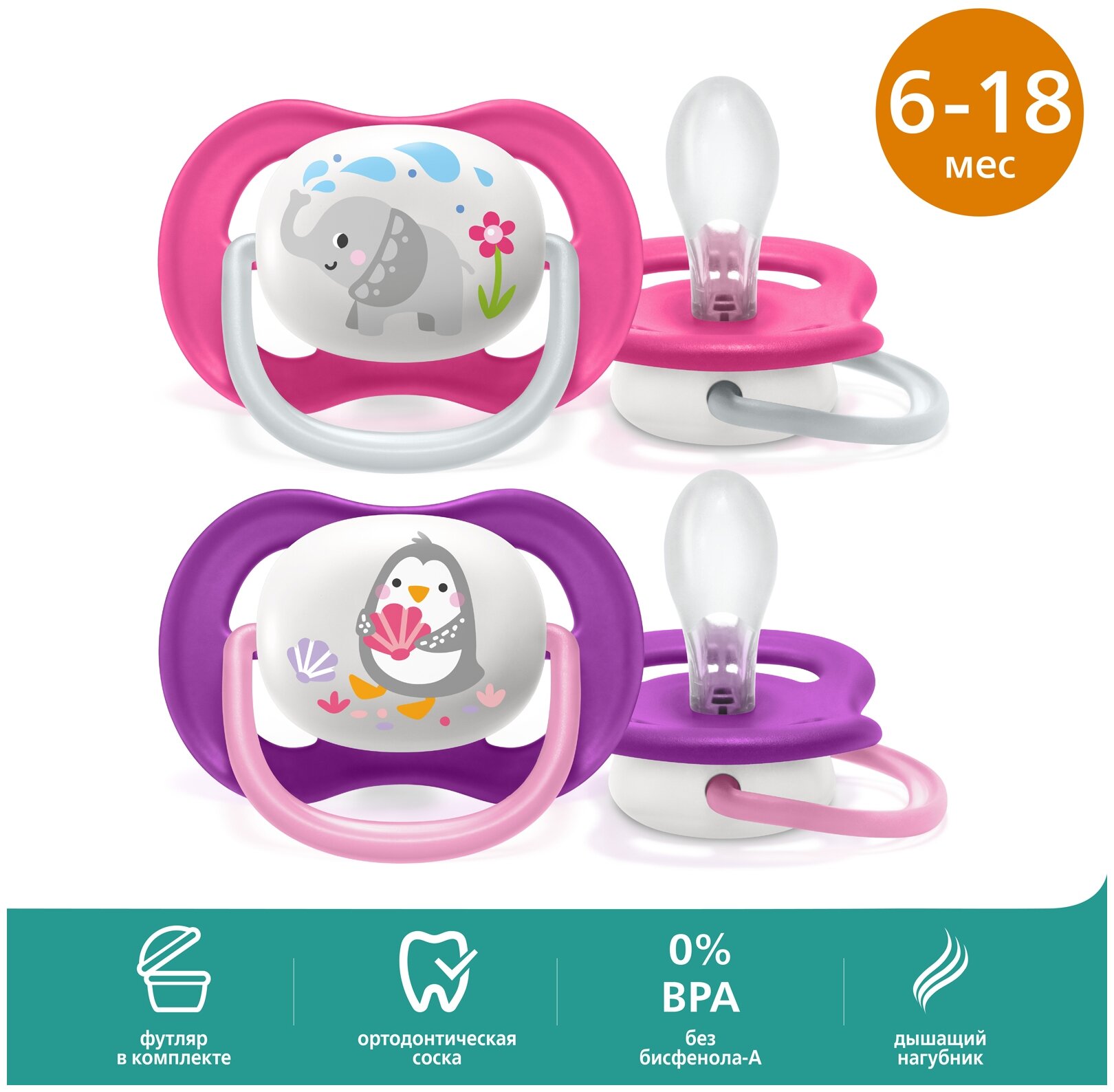 Соска-пустышка силиконовая Philips Avent ultra air SCF080/08 с футляром для хранения и стерилизации, 6-18 мес, 2 шт