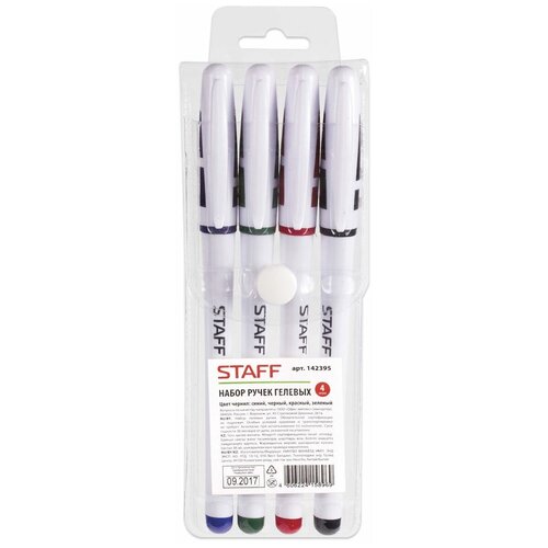 Ручки гелевые Staff набор 4 шт, корпус белый, 0,5 мм, резиновый упор (синяя, черная, красная, зеленая) (142395)