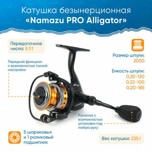 Катушка безынерционная Namazu PRO Alligator AL2000, 5+1 подш, метал. шпуля + запасная графит. шпуля катушка безынерционная namazu pro neo ne2000 5 1 подш метал шпуля