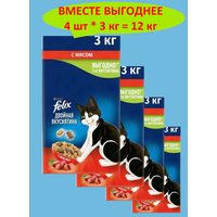 Сухой корм Felix® Двойная Вкуснятина® для взрослых кошек, с мясом, Пакет, 3 кг 4 шт