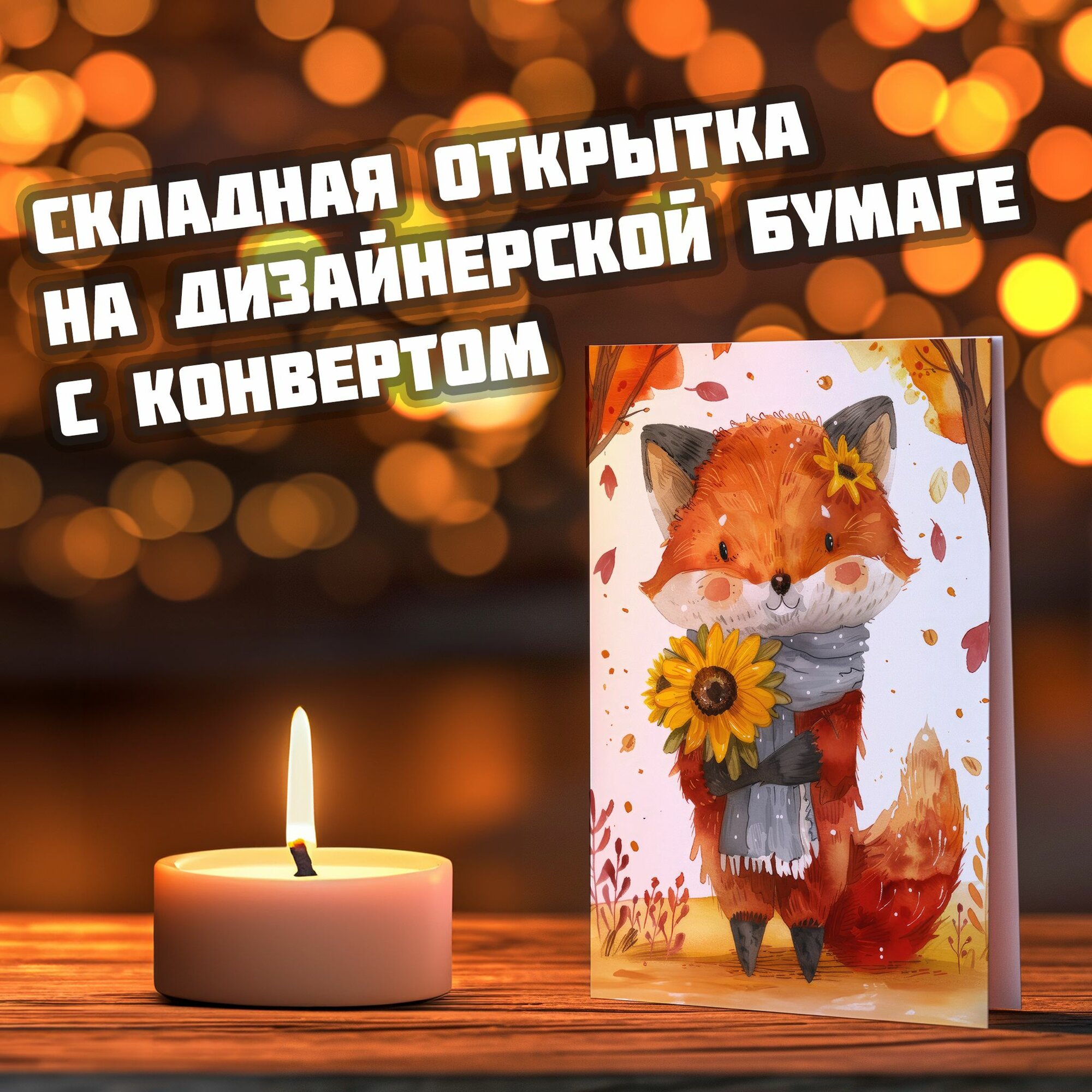 "Лисичка с подсолнухом", яркая открытка с крафтовым конвертом, дизайнерская бумага, 10x15 см, складная подарочная без надписей, для любимых подруг и на свадьбу