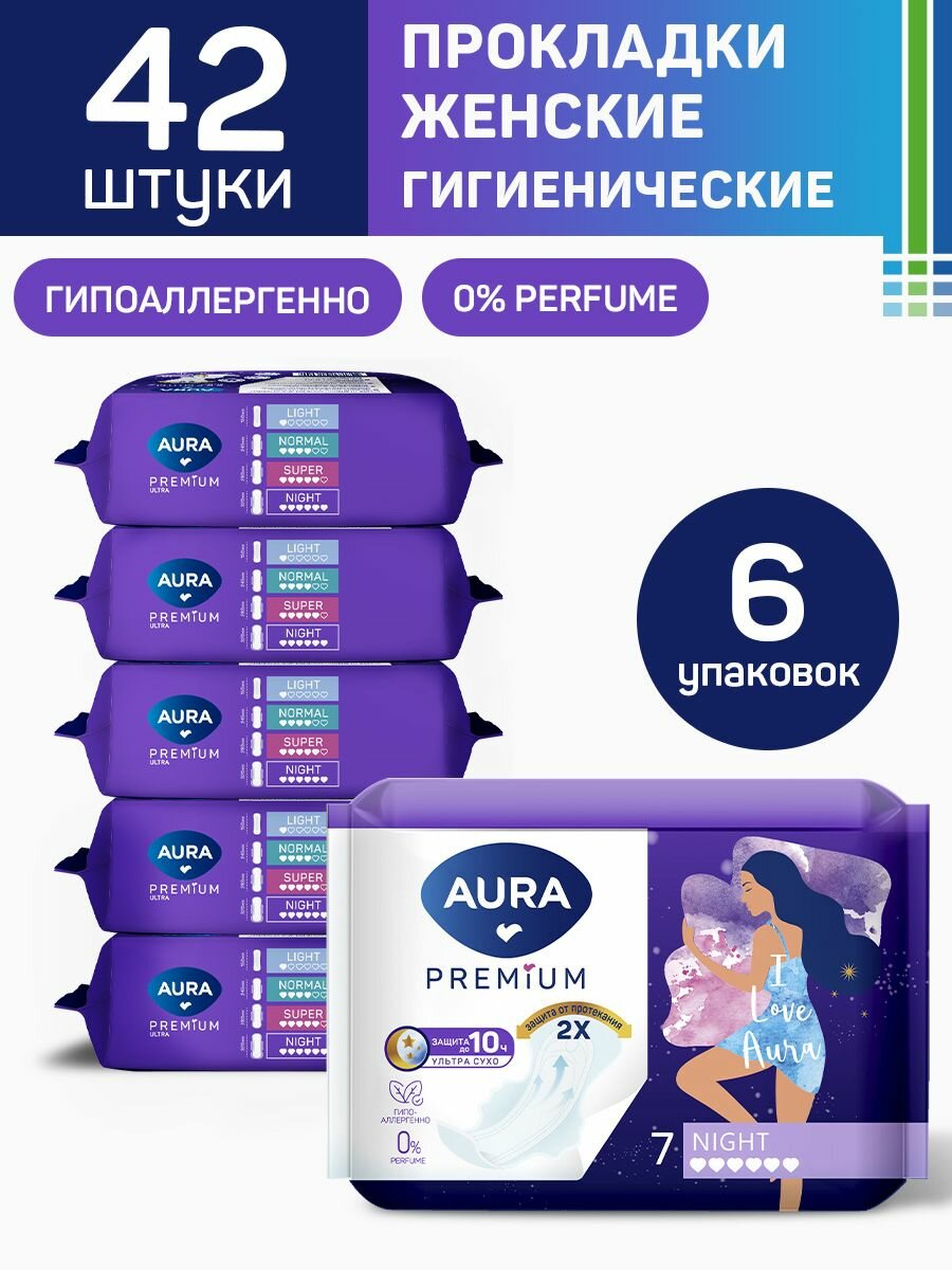 фото Прокладки женские гигиенические 42 шт, NIGHT, AURA PREMIUM