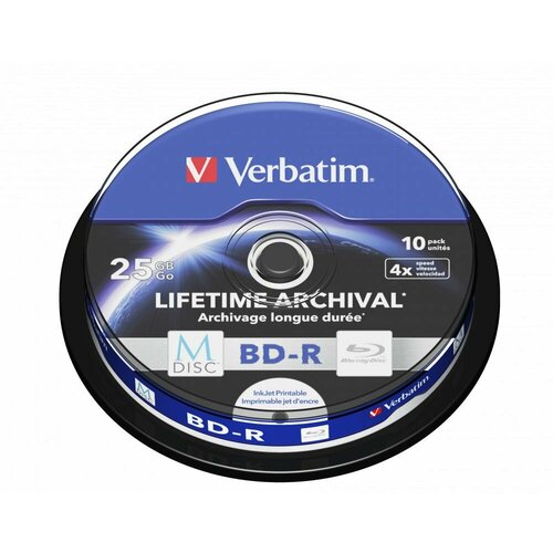 оптический диск bd r vs 25gb 4x cake box 10шт Диски Blu-ray M-DISC Verbatim 43825 BD-R 25Gb 10шт Printable Pack Spindle