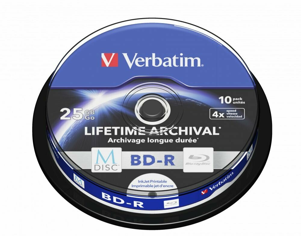 Диски Blu-ray M-DISC Verbatim 43825 BD-R 25Gb 10шт Printable Pack Spindle