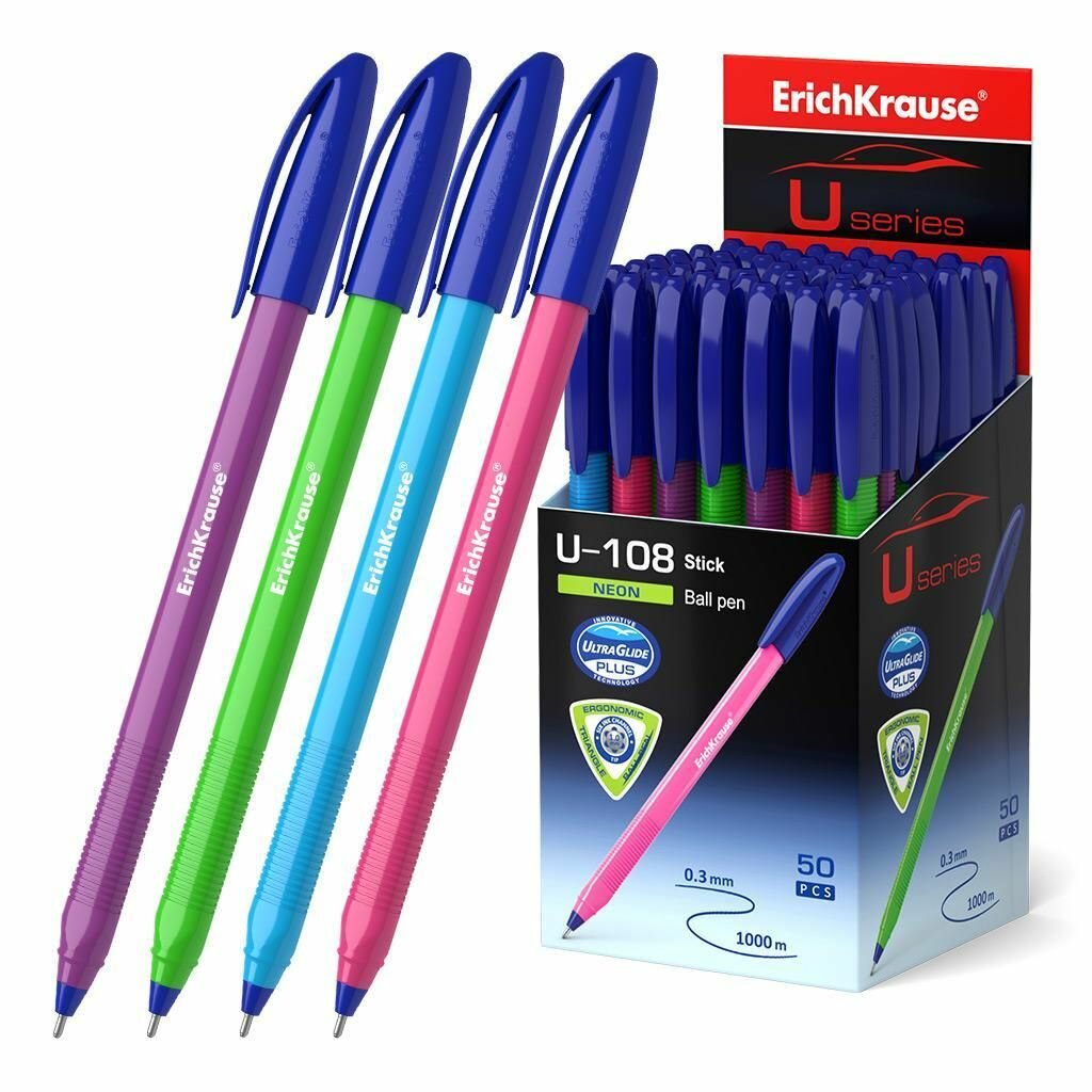Ручка масляная ErichKrause U-108 Neon Stick 1,0мм (трехгранный цветной корпус) синяя, 10 штук