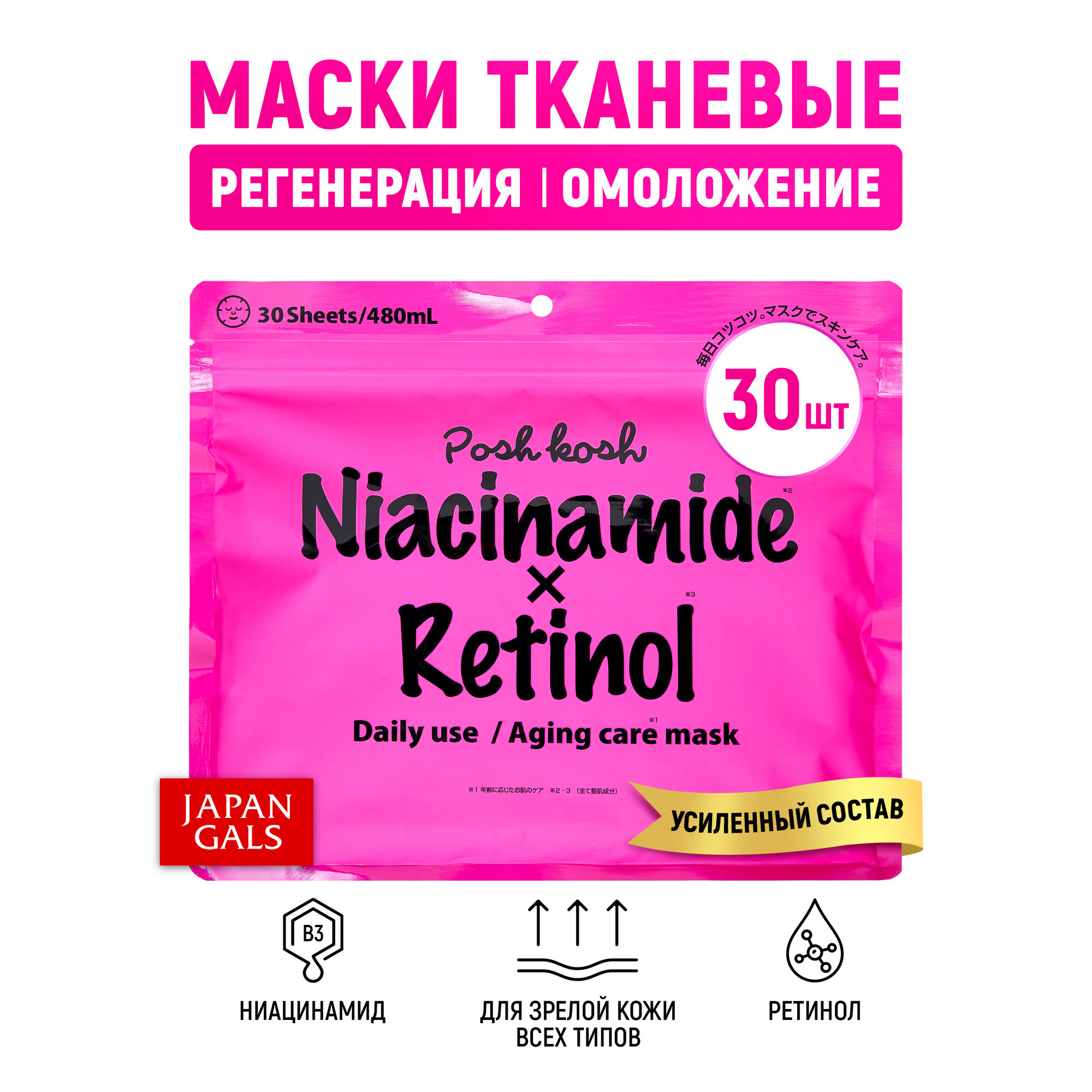фото JAPAN GALS Posh Kosh Антивозрастная маски для лица Ниацинамид + Ретинол, 30 шт