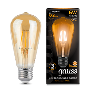 Лампа светодиод. (LED) декор. Эдисон Е27 филамент. 6Вт 550лм 2400К 230В янтарн. прозр. Gauss