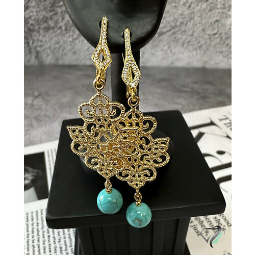 Серьги с подвесками RYKAMI серьги с подвесками из натуральных камней, говлит, размер 60 мм, золотой, бирюзовый