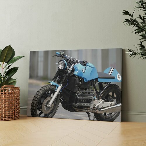 Картина на холсте Синий мотоцикл припаркованный на обочине дороги 30x40 см Интерьерная на стену 1045₽