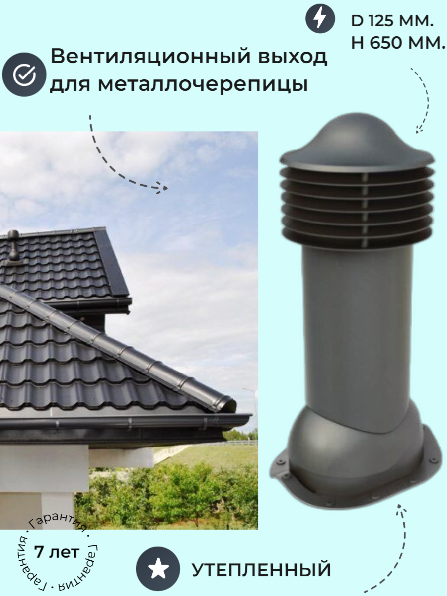 Вентиляционный выход 150мм/125мм для кровли из металлочерепицы типа монтеррей, утепленный, Viotto RAL 7024 графит