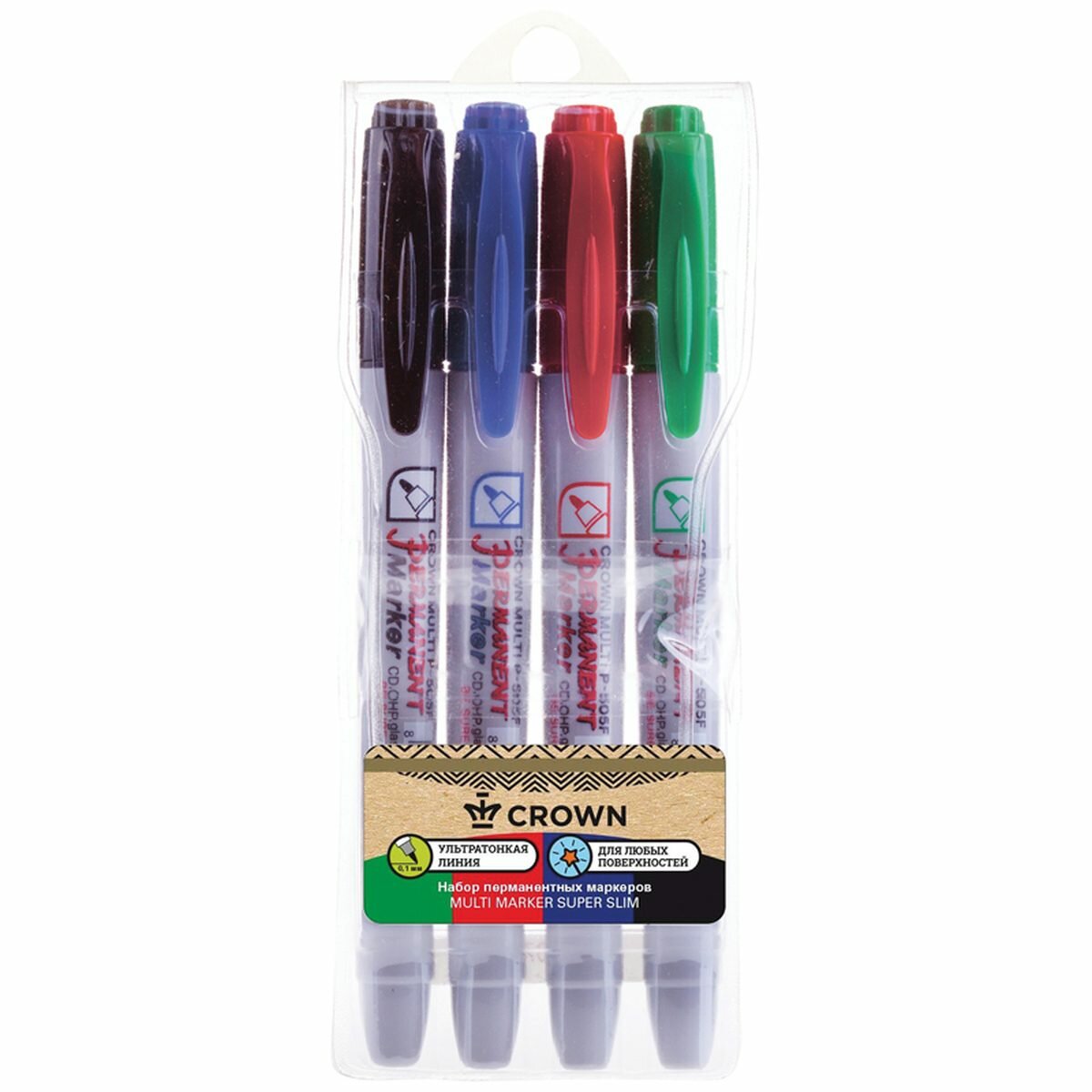 Набор перманентных маркеров Crown Multi Marker Super Slim (1мм круглый наконечник 4 цвета) 4шт пвх 36 уп. (P-505F-4)