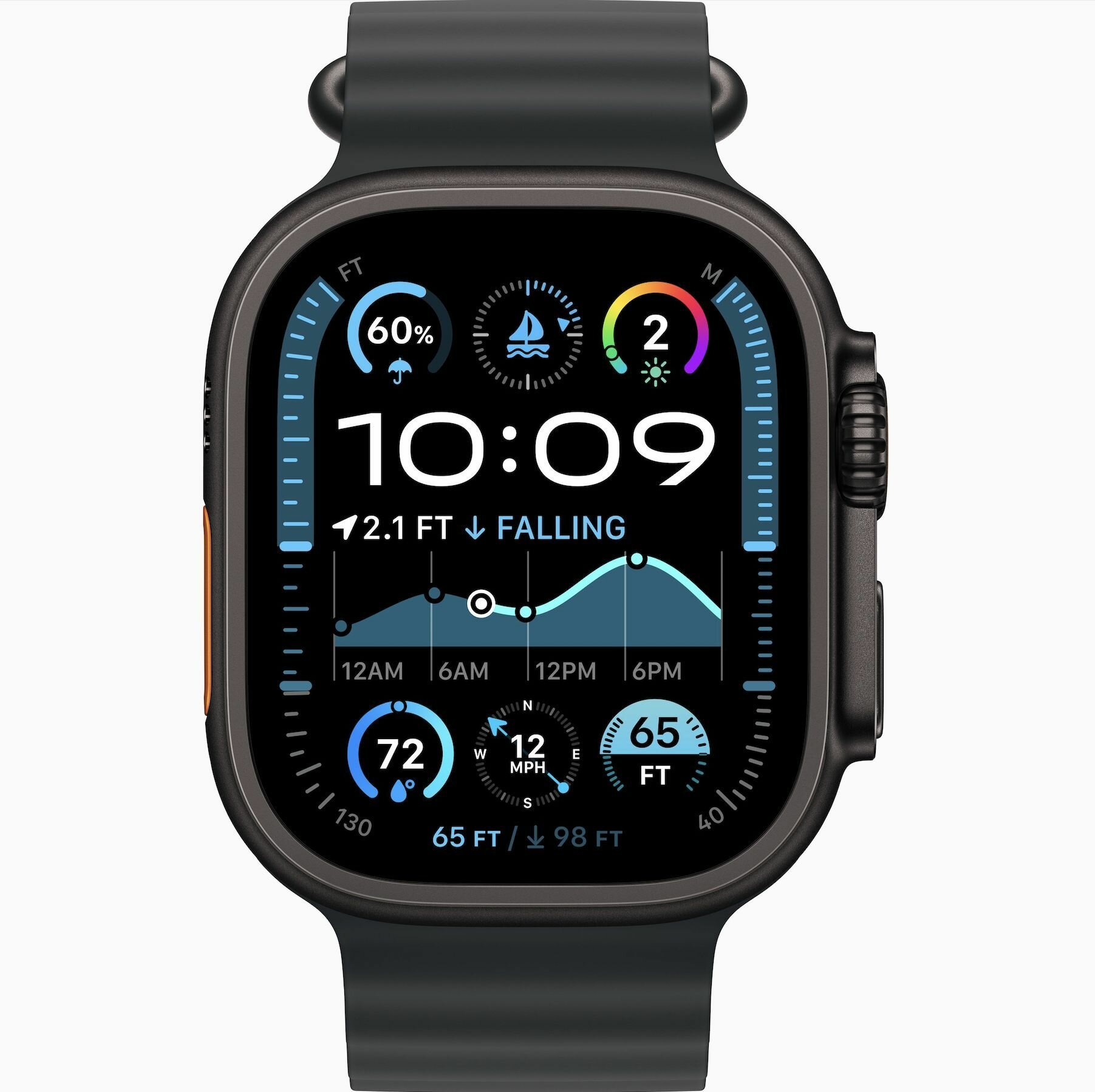 Умные часы Apple Watch Ultra 2 2024, 49 мм, корпус чёрного титана, ремешок Ocean Band чёрного цвета (MX4P3/MYPD3/MYTC3) — фото 1