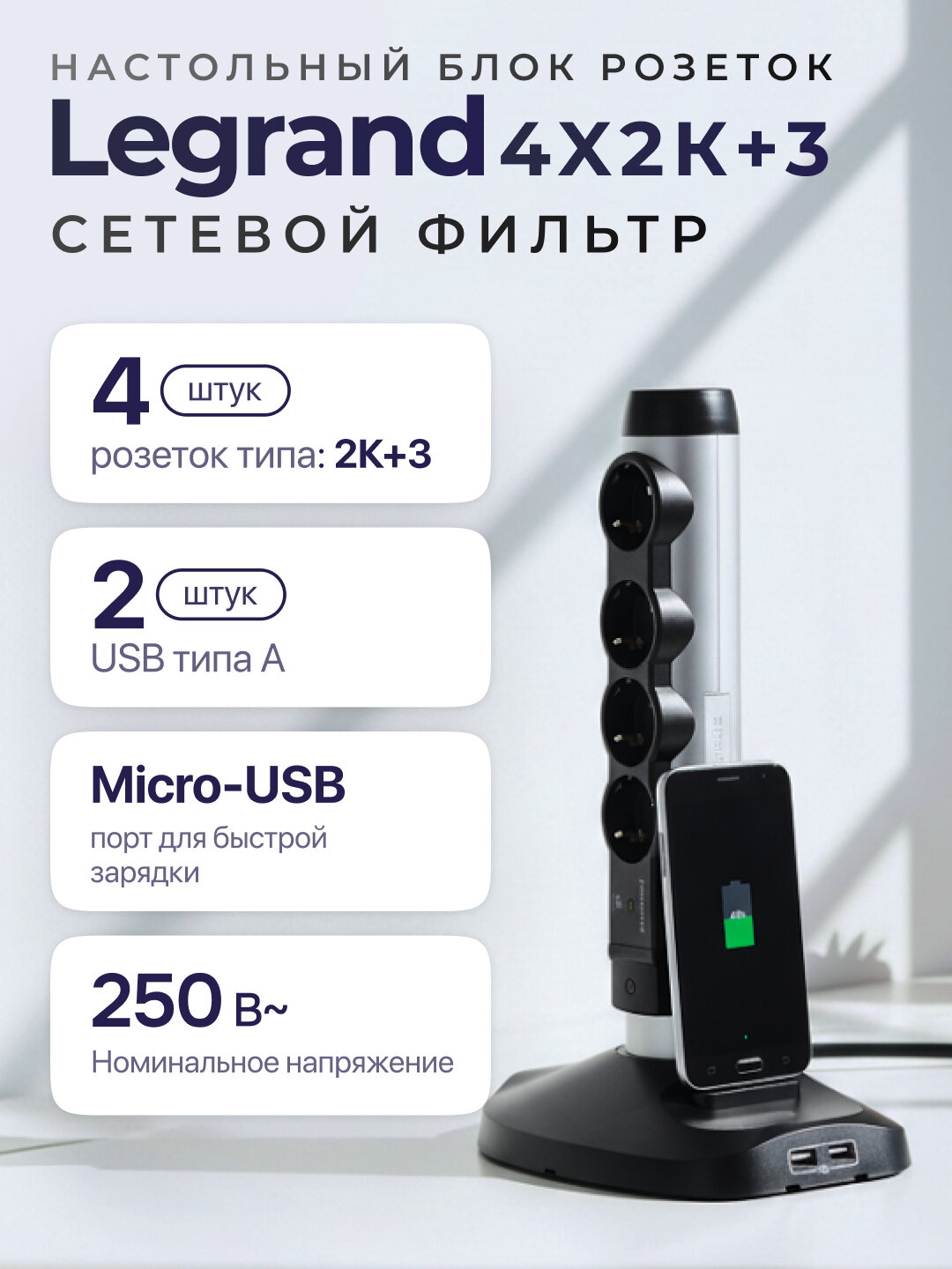 Сетевой фильтр, удлинитель вышка, 4 розетки, 3 м, Wi-Fi, комфорт и безопасность