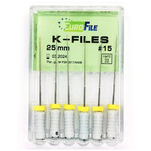 K-Files - ручные стальные файлы, 25 мм, N 15, 6 шт/упак