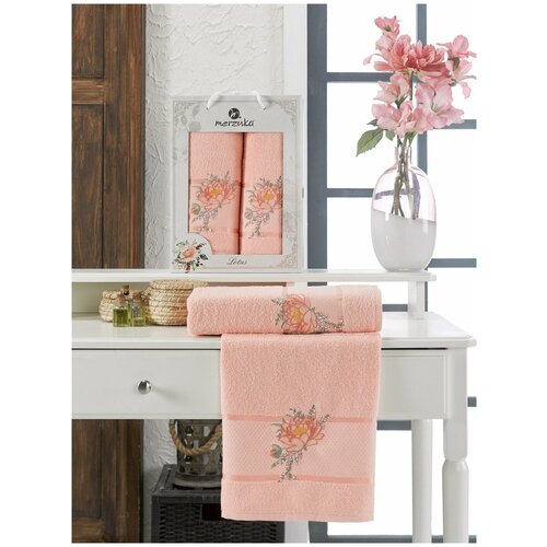фото Подарочный набор полотенец для ванной 50х90, 70х140 merzuka lotus хлопковая махра оранжевый merzuka (турция)