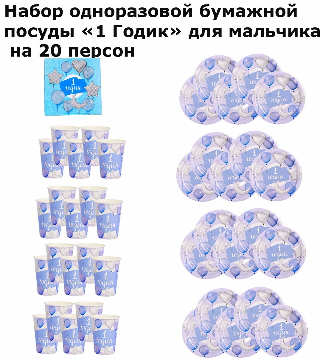 Набор одноразовой бумажной посуды «1 Годик» для мальчика на 20 персон - фотография № 2