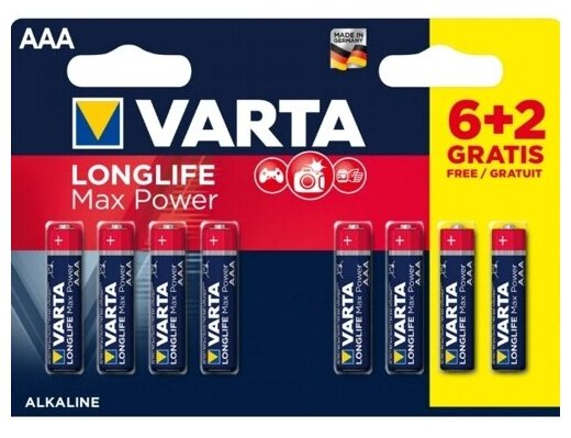 Батарейка AAA щелочная Varta LR3-8BL Longlife Max Power (Max Tech 4703) в блистере 8шт.