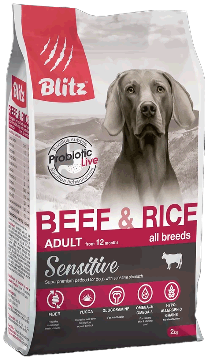 BLITZ SENSITIVE ADULT ALL BREEDS BEEF & RICE для взрослых собак всех пород с говядиной и рисом (2 кг)