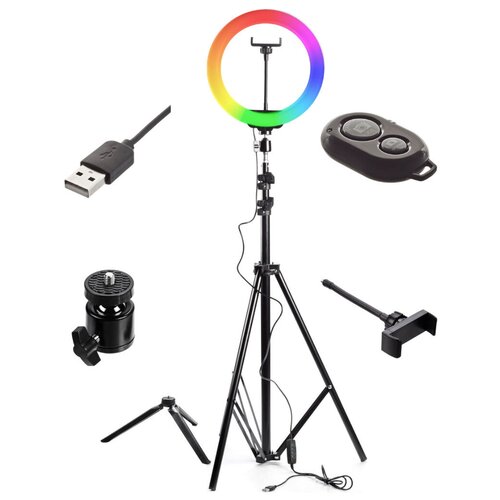 Кольцевая светодиодная лампа световое кольцо 26 см led 3 цвета с напольным штативом и селфи-пультом 99900₽