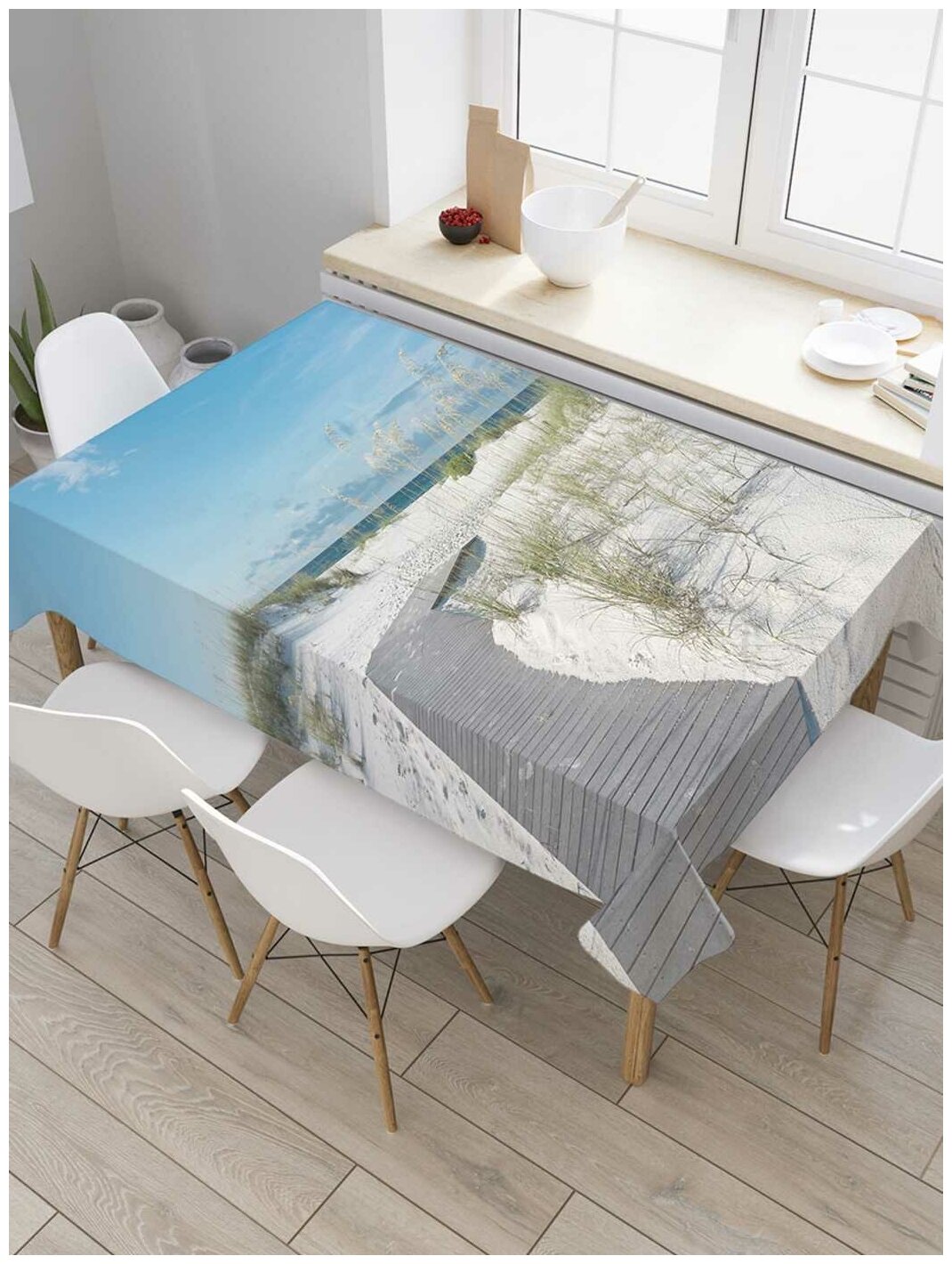 Скатерть прямоугольная JoyArty на кухонный стол "Дорожка через светлый пляж" из оксфорда, 120x145 см