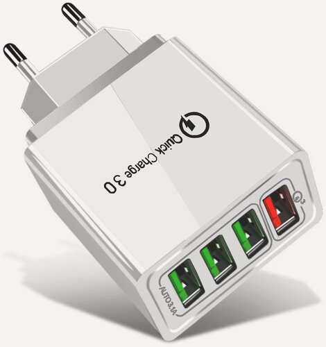 Изображение товара Сверхбыстрое сетевое зарядное устройство с 4 USB портами QC 3,0; White