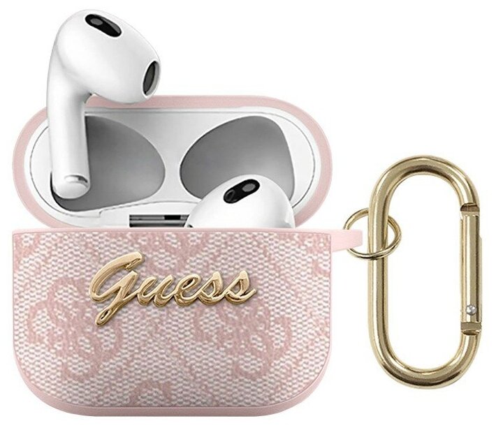 Чехол Guess для Airpods 3 (2021) из кожи PU с узором 4G и металлическим лого с карабином , розовый