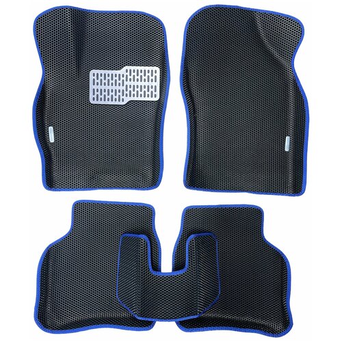 Автомобильные коврики ЕВА / EVA с бортами 3д / 3D для Toyota RAV4 III long 2008-2013 / Тойота Рав4 4 поколение черный(сота)-синий / металл подпятник + 2 лого