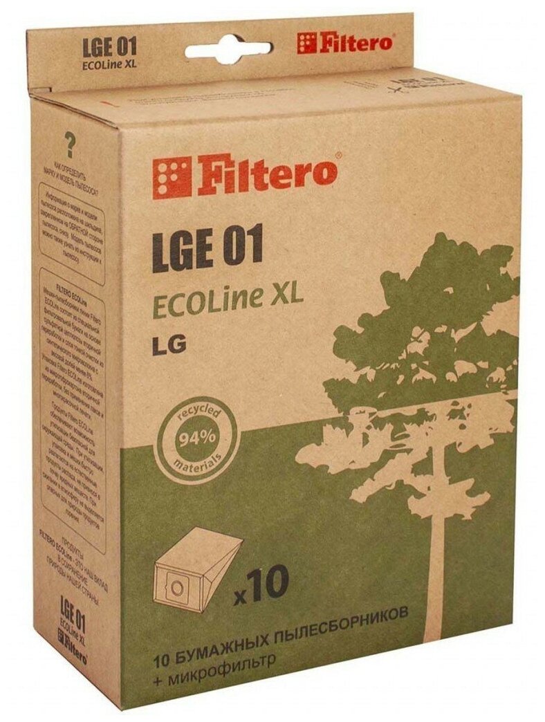 Пылесборник FILTERO LGE 01 ECOLine XL бумажные (10 шт.) + фильтр, для пылесосов LG, Scarlett