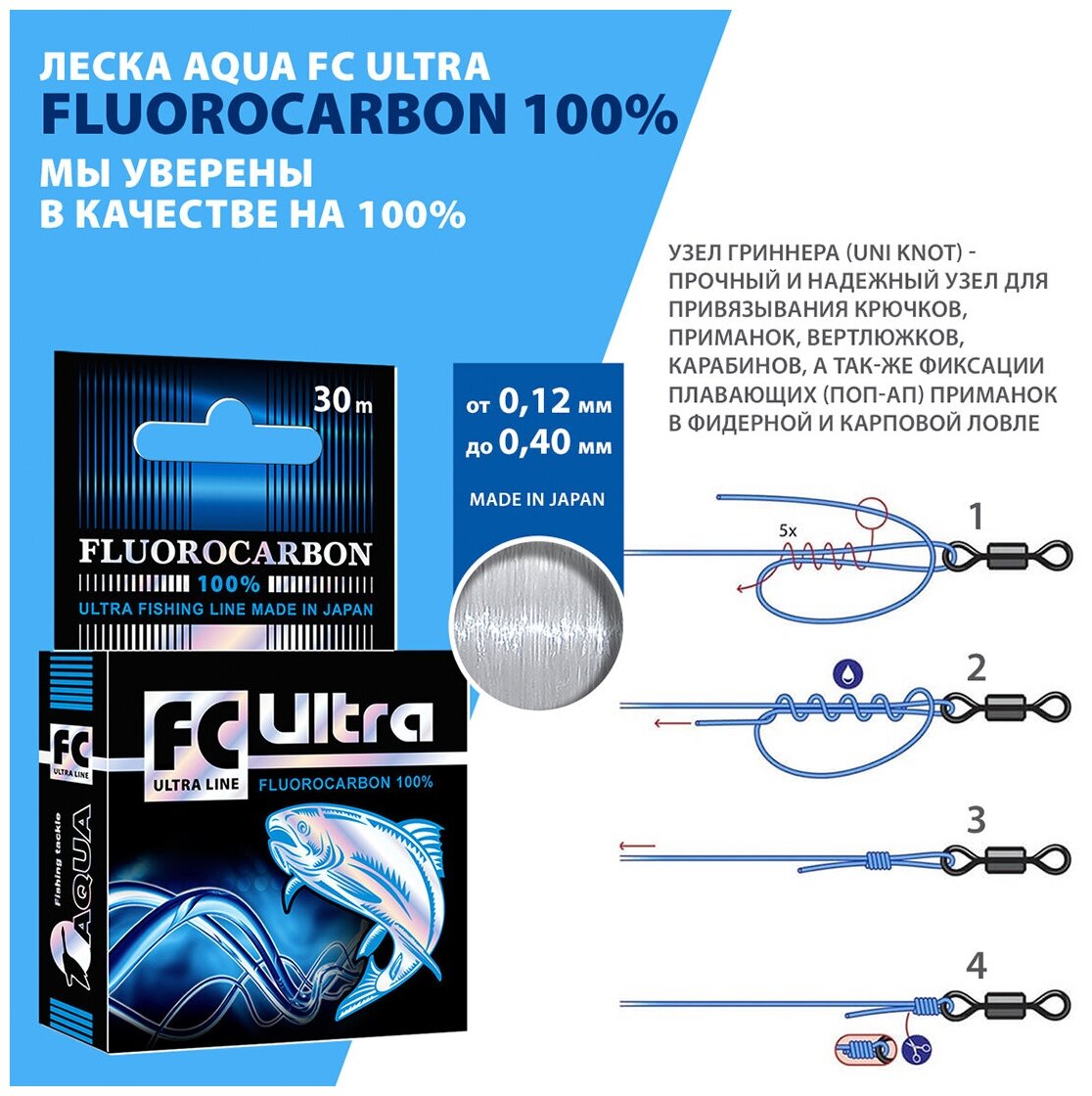 Леска AQUA FC Ultra Fluorocarbon (флюорокарбон) 100% 0.20mm 30m 3.70kg прозрачный