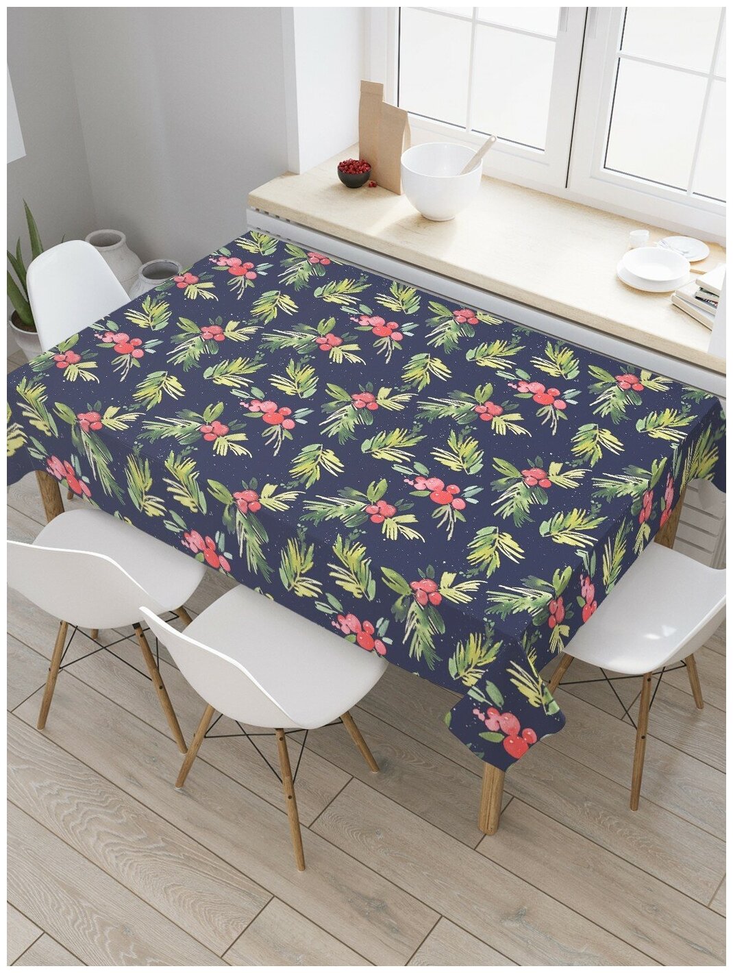 Скатерть прямоугольная JoyArty на кухонный стол "Ветка с ягодами" из оксфорда, 180x145 см