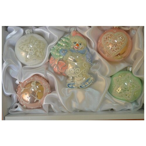 фото Набор елочных игрушек irena co снеговик с елкой на коньках, 4 шара 6530, разноцветный, 5 шт.