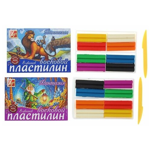 пластилин фантазия восковой 12 цветов Пластилин мягкий (восковой), 8 цветов, 140 г, «Фантазия», со стеком, микс