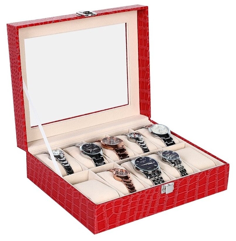 фото Красная шкатулка сундук с замком для хранения часов 10 шт. и украшений / Шкатулка классическая кожаная под крокодила / Шкатулка из искусственной кожи