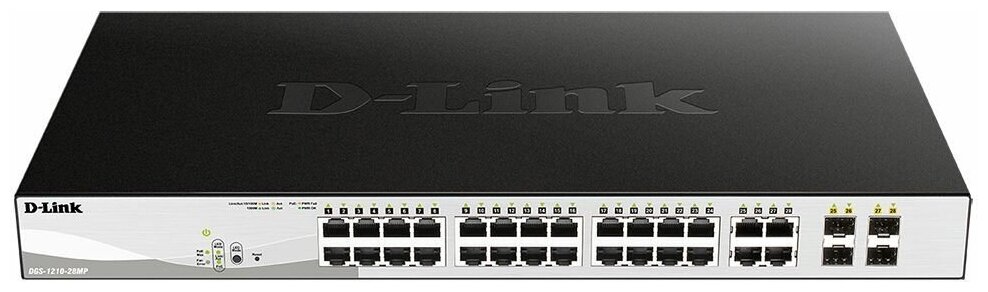 Коммутатор D-Link DGS-1210-28MP DGS-1210-28MP/F 24x1Гбит/с 4xКомбо(1000BASE-T/SFP) 24PoE+ 370W настраиваемый