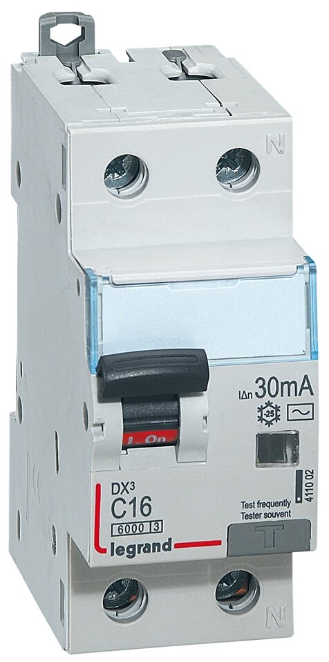 Выключатель автоматический дифференциального тока 2п (1P+N) C 16А 30мА тип AC 6кА DX3 2мод. Legrand 411002, 1шт