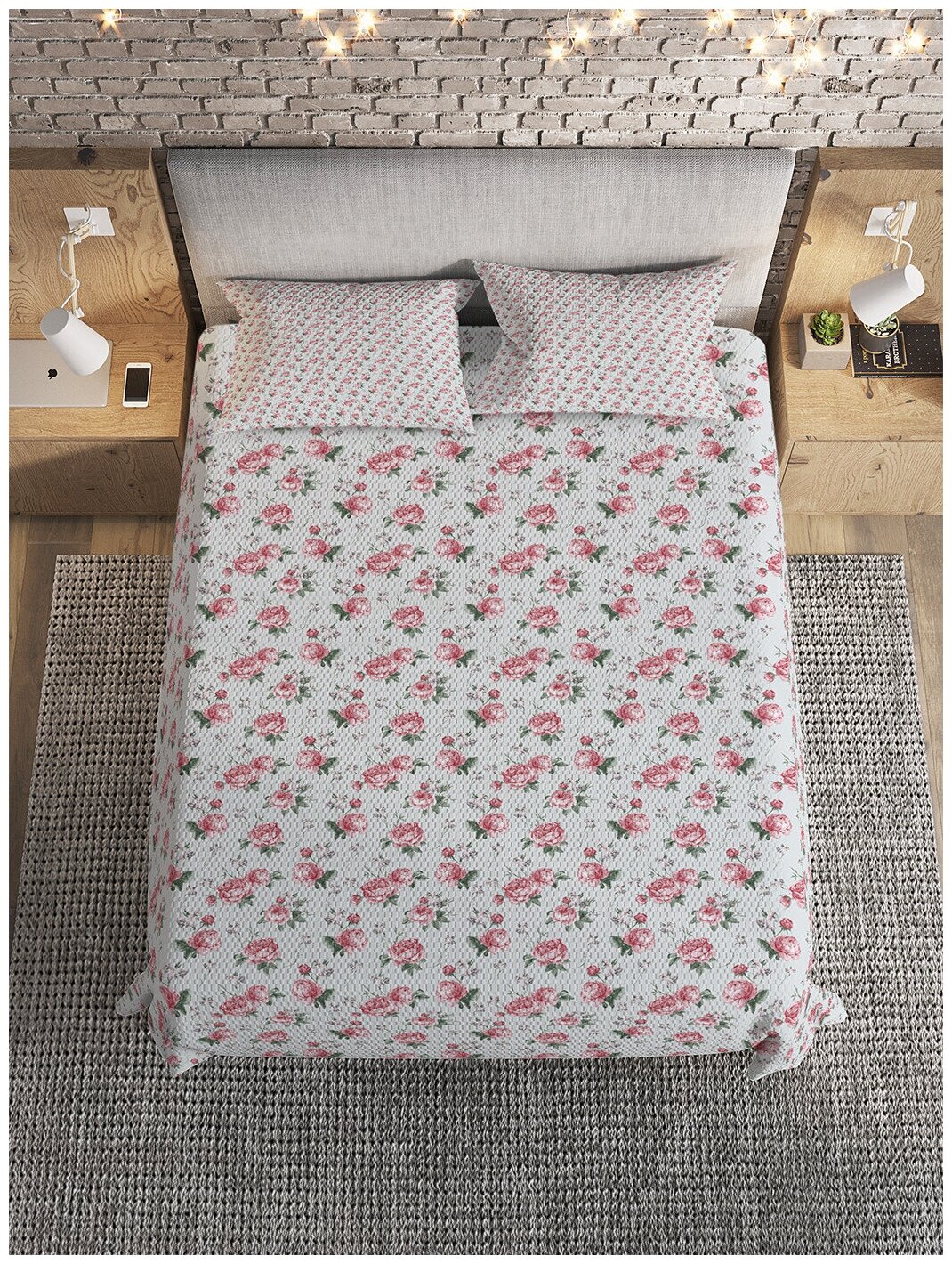 Покрывало на 1,5-спальную кровать Ambesonne "Розовые цветочные бутоны" 160х220 см с 2 наволочками 50x70 см