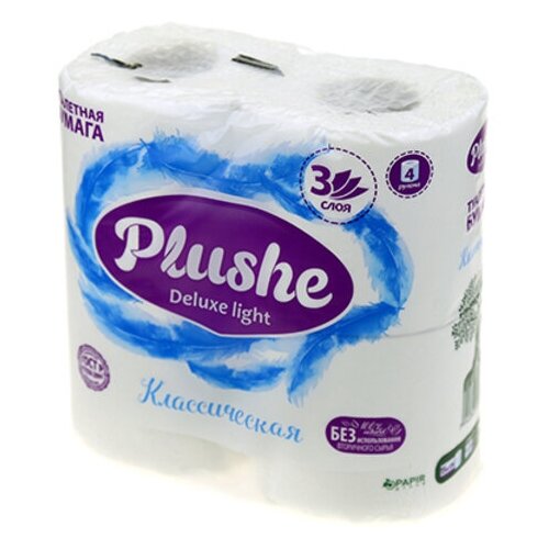 plushe бумага туалетная plushe classic 2 х слойная 4 шт Туалетная бумага 3-слойная Plushe Delux Light Классическая 15м, 4 рулона, белый (Россия)