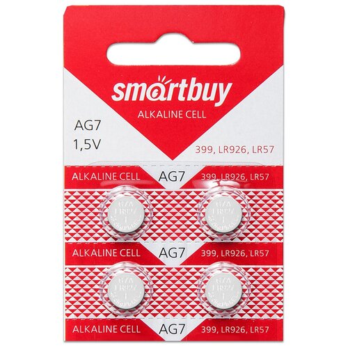 Батарейка AG7 (LR57, 395, 399, 926, 927) 1.5V SmartBuy Blister, упаковка 4 шт. батарейка ag7 lr57 395 399 926 927 1 5v smartbuy blister упаковка 10 шт