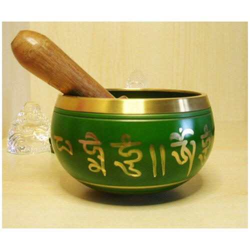Чаша поющая тибетская Зеленая с золотом 7 металлов 9,5 см + резонатор, Непал, исцеление, настройка чакр, гармонизация, медитация