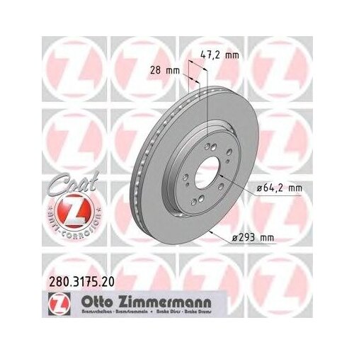 Тормозной диск передний Zimmermann 280.3175.20 Honda: 45251SWWG01 45251-T1E-G00 Honda Cr-V Iii (Re). Honda Cr-V Iv