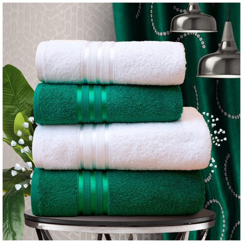 фото Набор из 4 полотенец harmonika цвет: белоснежный, изумрудный (50х80 см - 2 шт, 70х130 см - 2 шт) dome