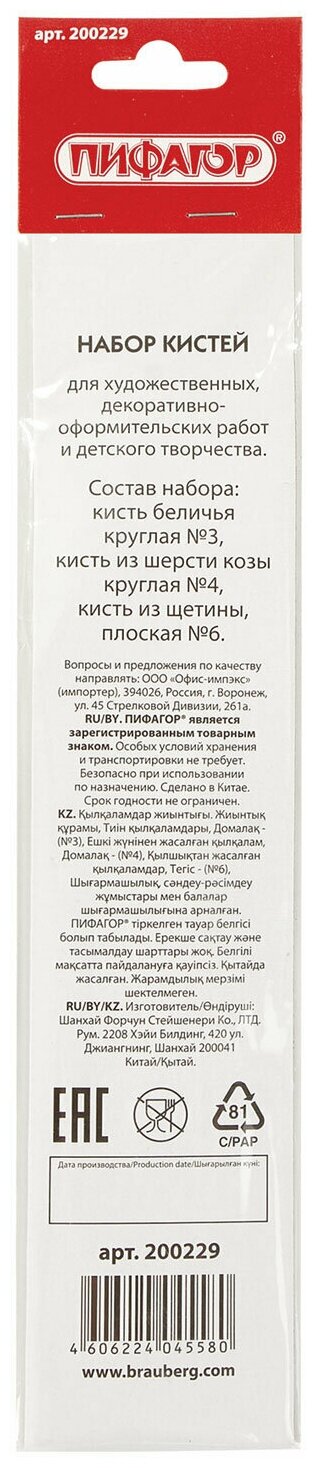 Набор кистей Пифагор белка, коза, щетина, с длинной ручкой, №6, 3 шт., пакет - фото №10