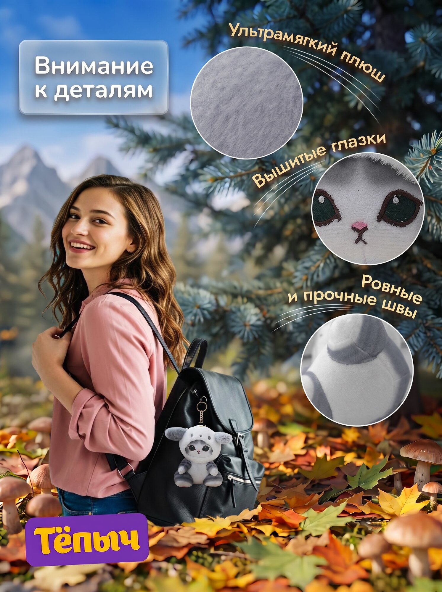 Котик Енот брелок мягкая игрушка серая С карабином детская в капюшоне 15 см
