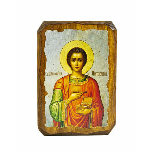 Икона под старину на состаренном дереве Великомученик Пантелеимон 10х7 см