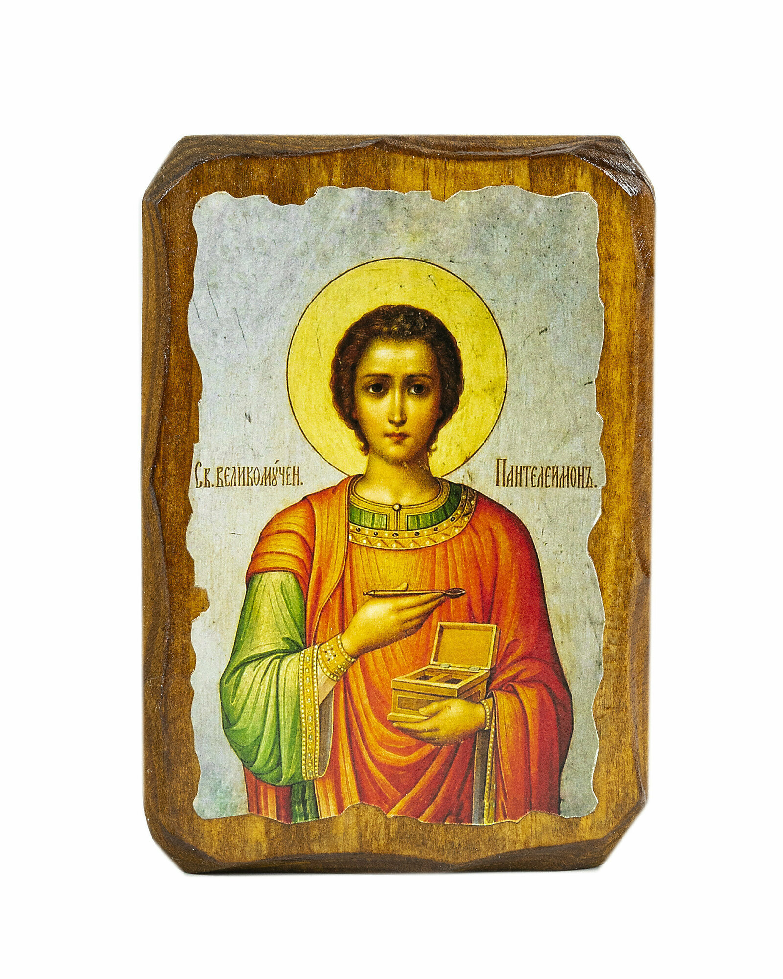 Икона под старину на состаренном дереве "Великомученик Пантелеимон" 10х7 см