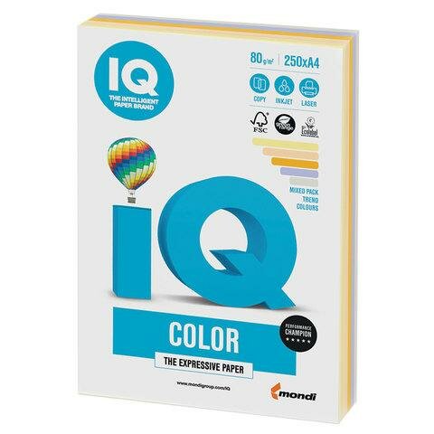 Бумага цветная IQ color А4 80 г/м2 250 л (5 цветов х 50 листов) микс тренд RB03