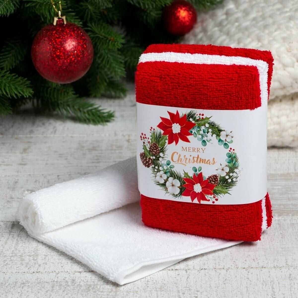 Подарочный набор Этель - Merry christmas, 3 махровых полотенца 30х30 см, 1 упаковка
