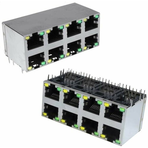 TJ9-2-10P8-04 LED, Блок сетевых розеток RJ 10P8C FTP c LED индекацией, двухрядный, 8 гнезд