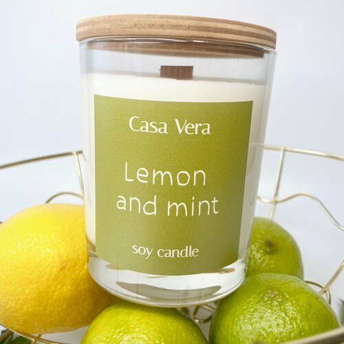 Аромасвеча Лимон и мята Lemon and mint из соевого воска в стакане с крышкой 250 мл Свежий природный аромат Деревянный фитиль с треском Готовый подарок другу подруге коллеге учителю 1750₽